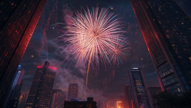 Vibrant neon fireworks exploding over downtown skyline with skyscrapers and falling sparks
