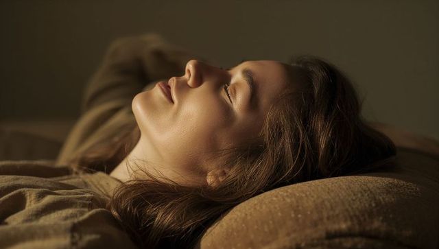 Serene young woman resting on pillow in warm earthy beige tones with soft natural light