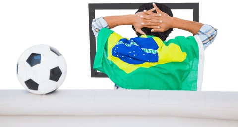 Brazil Football Fan with Flag Cheerfully Anticipating Match