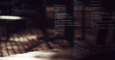 Moody wooden deck with glowing c++ code overlay at sunset, rustic tech background, low-angle light