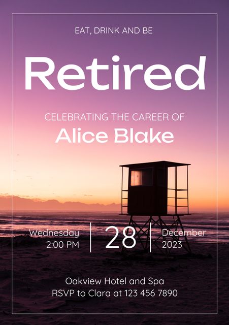 Ideal for inviting guests to a retirement party, this template features a stunning sunset over the beach with a silhouette of a lifeguard tower. Tailor it for farewells and career milestones by customizing the event details. Perfect for evoking a sense of relaxation and achievement.