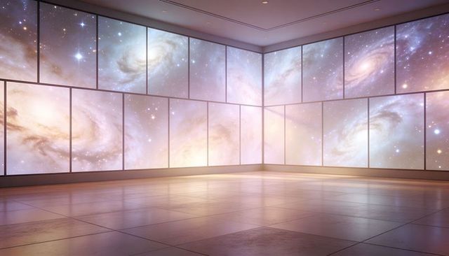 Minimalist gallery with floor-to-ceiling cosmic panels showing spiral galaxies, reflective tiles