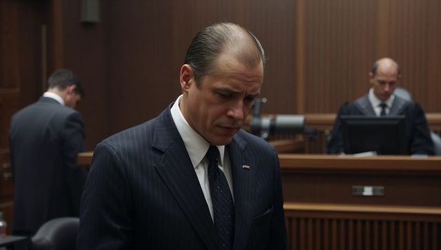 Somber businessman lowering head at courtroom bench during high-profile trial scene