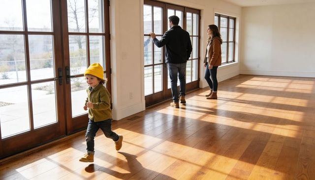 Family touring vacant home with child running on sunlit hardwood floors by french doors