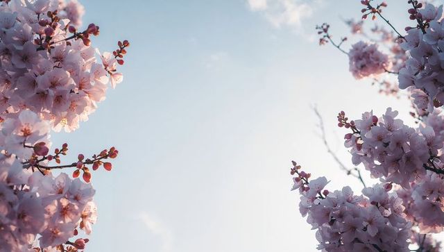 Sunlit pink cherry blossoms framing pale blue spring sky with copy space