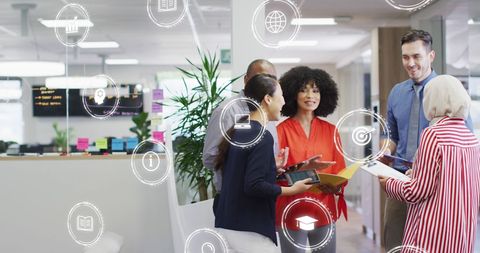 Diverse Team Collaborating with Financial Data and Technology Overlays