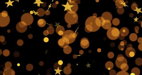 Golden bokeh lights and stars on black background
