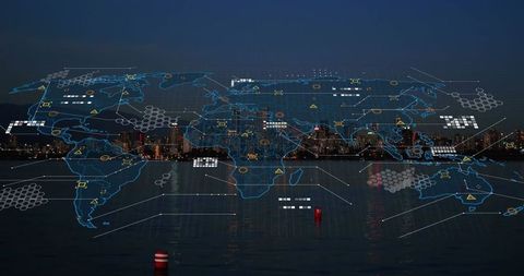 Futuristic Digital World Map Above Nighttime Cityscape