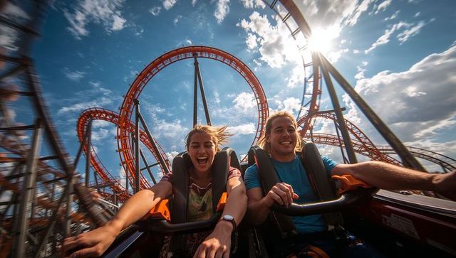 Thrilling roller coaster ride with joyful couple at amusement park