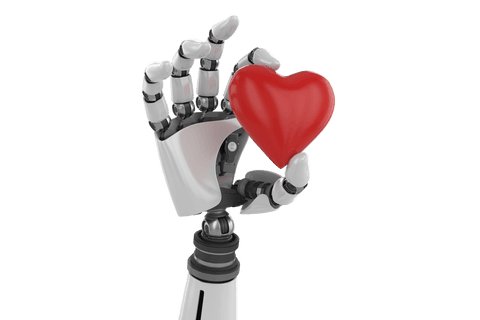 Robotic hand holding red heart symbol on transparent background