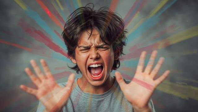 Screaming teen male raising hands with colorful radial streaks dynamic energetic portrait