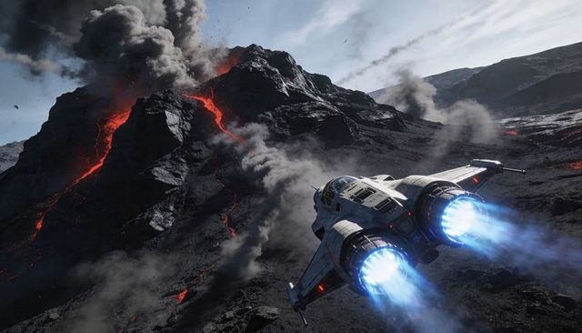 Futuristic twin-engine spacecraft maneuvering low over erupting volcano with molten lava