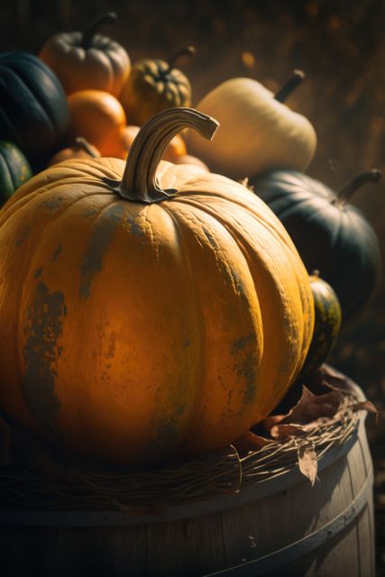 Wooden barrel with colorful pumpkins and autumn leaves created using generative ai technology. Autumn, halloween and nature concept digitally generated image.