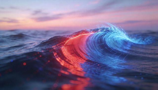Bi-color neon ocean wave with red blue particle mesh and glowing digital crest at sunset