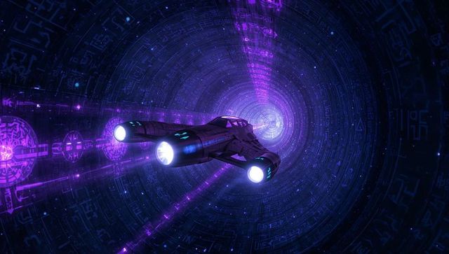 Futuristic spacecraft navigating sci-fi quantum tunnel