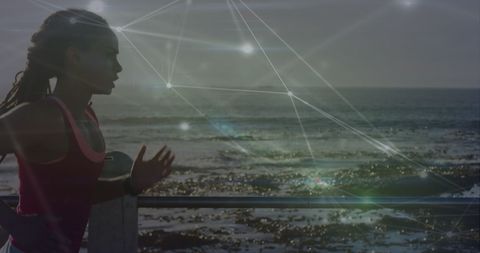 African American Woman Running with Digital Network Overlay