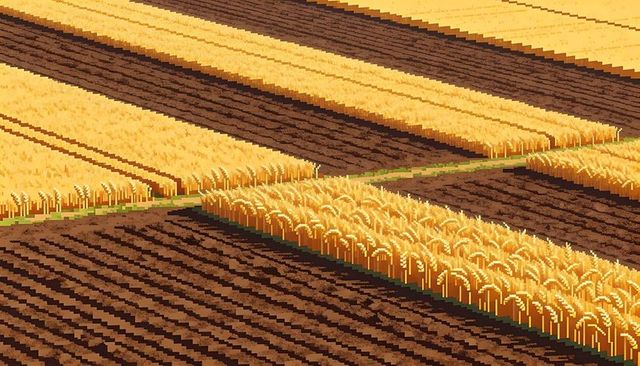 Pixel art golden wheat fields over plowed soil with grassy pathway, isometric farmland