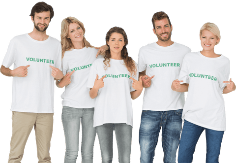 Transparent Background of Smiling Volunteers Pointing at Shirts