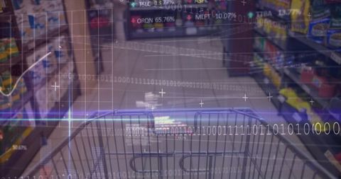 Pushing shopping cart down supermarket aisle with futuristic digital data overlay visualization