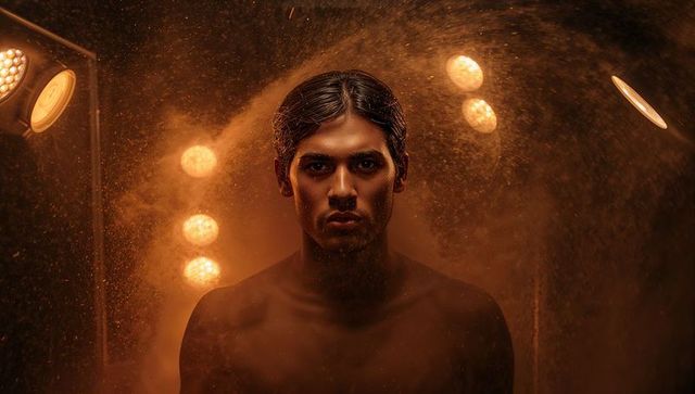 Barechested male model in amber backlit dust with rimlight, moody cinematic portrait