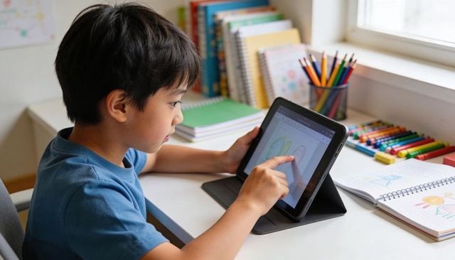 Young student drawing on tablet at bright study desk with sketchbook, colored pencils