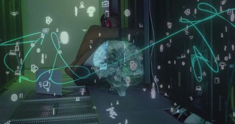 Data center technician checking server rack with holographic AI brain and neon AR visuals
