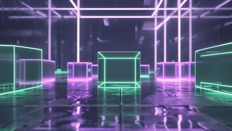 Futuristic neon wireframe cubes on reflective tiled floor