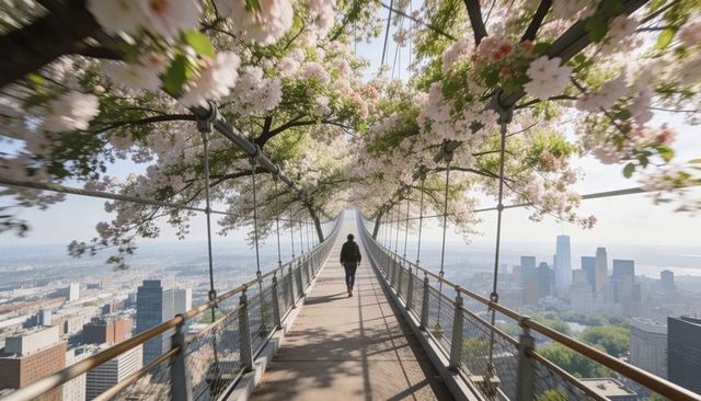 Solitary walker crossing suspended bridge beneath cherry blossom canopy over city skyline