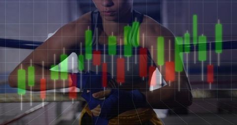 Female boxer wrapping hands in ring with candlestick trading chart overlay, training focus