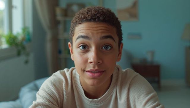 Teen Admiring Camera with Cozy Minimalist Bedroom Setup