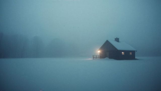 Solitary wooden cabin glowing through snowy mist at twilight with warm porch light