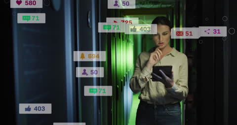 IT Technician Monitoring Server Data on Tablet in Control Room