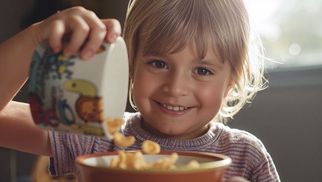 Smiling preschooler pouring cereal from colorful mug into bowl in warm morning sunlight