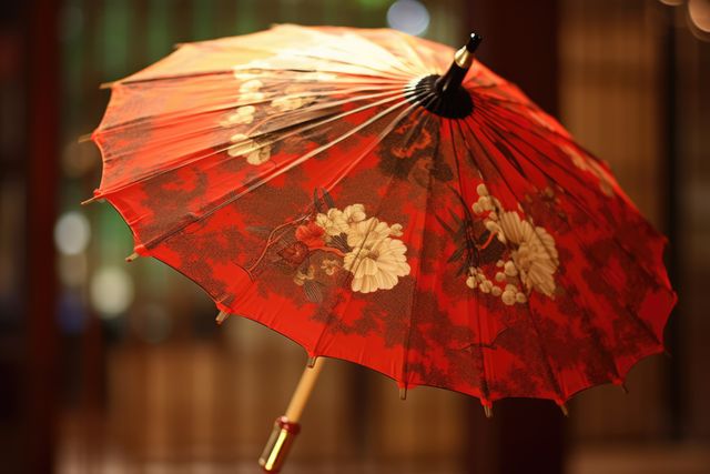 Red chinese umbrella with floral patterns on dark background, created using generative ai technology. Protection, weather, decoration and chinese culture concept digitally generated image.