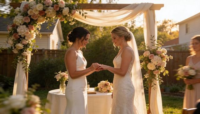 Two brides exchanging rings under floral arch at intimate backyard sunset wedding ceremony