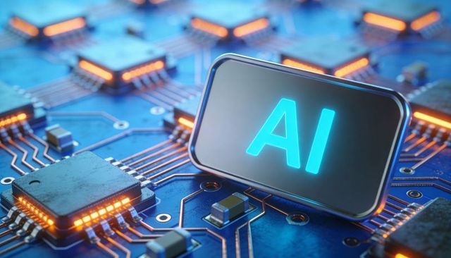 Glowing ai module hovering over microchip circuit board, neon microchip hardware concept