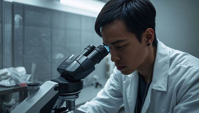 Young Researcher Examining Samples Through High-Power Microscope in Clinical Laboratory