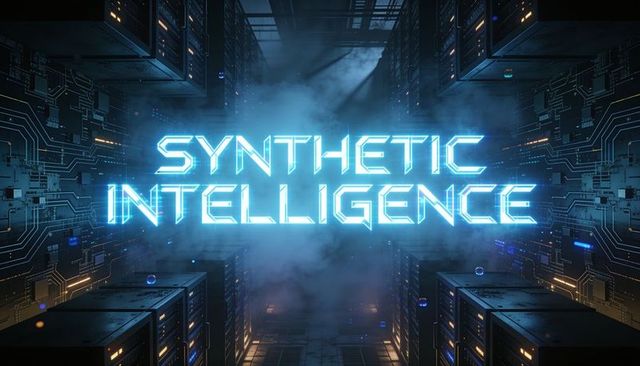 Glowing cyan synthetic intelligence hologram hovering above futuristic server corridor
