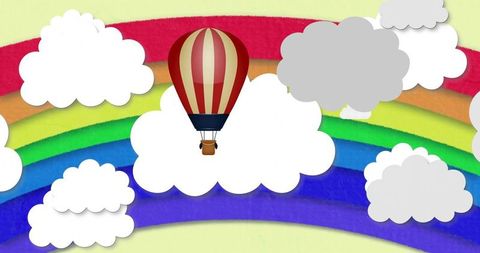 Whimsical red-and-cream hot air balloon floating over rainbow cut-paper clouds