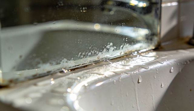 Closeup shower glass and sill with limescale, soap scum and water droplets reflecting light