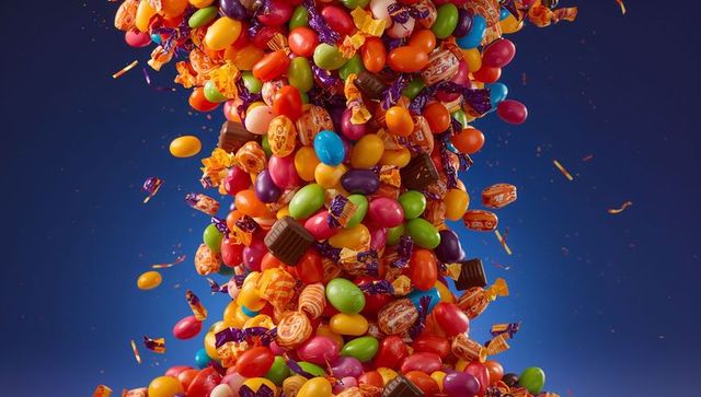 Colorful sweets cascading with candy explosion