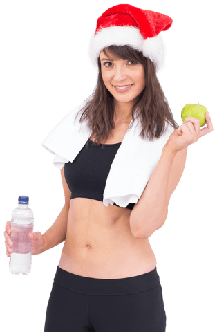 Festive Fit Woman Holding Water and Apple with Santa Hat