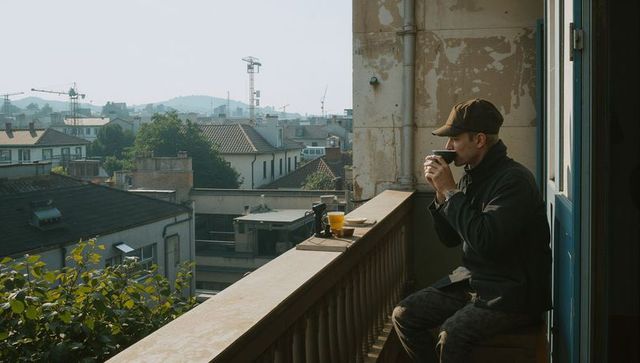 Man sipping coffee on balcony over urban rooftops in soft morning light with dslr