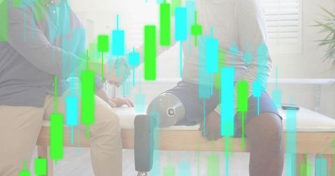 Shaking hands prosthetic patient and therapist in sunlit rehab with candlestick chart overlay