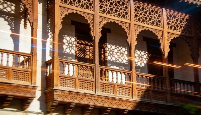Featuring ornate wooden balcony with jali panels, carved balustrade and lattice shadows
