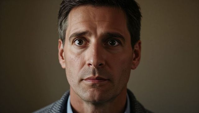 Serious professional man making direct eye contact in close-up headshot on beige background