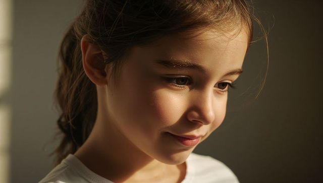 Softly lit portrait capturing young girl gazing downward reflecting quiet warmth