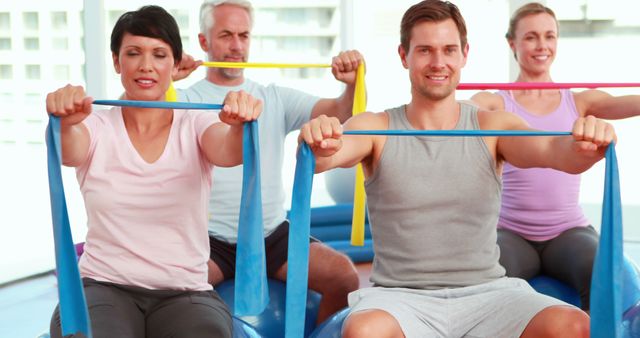 Group Practicing Stretching Exercises with Resistance Bands in Fitness Class - Download Free Stock Images Pikwizard.com