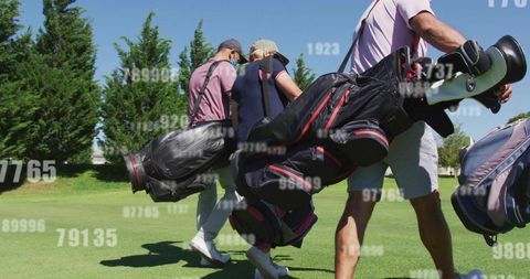 Golfers walking across fairway carrying golf bags with numeric data overlay for sports analytics