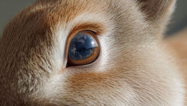 Gazing light brown rabbit eye reflecting blue sky in macro close-up showcasing fur texture